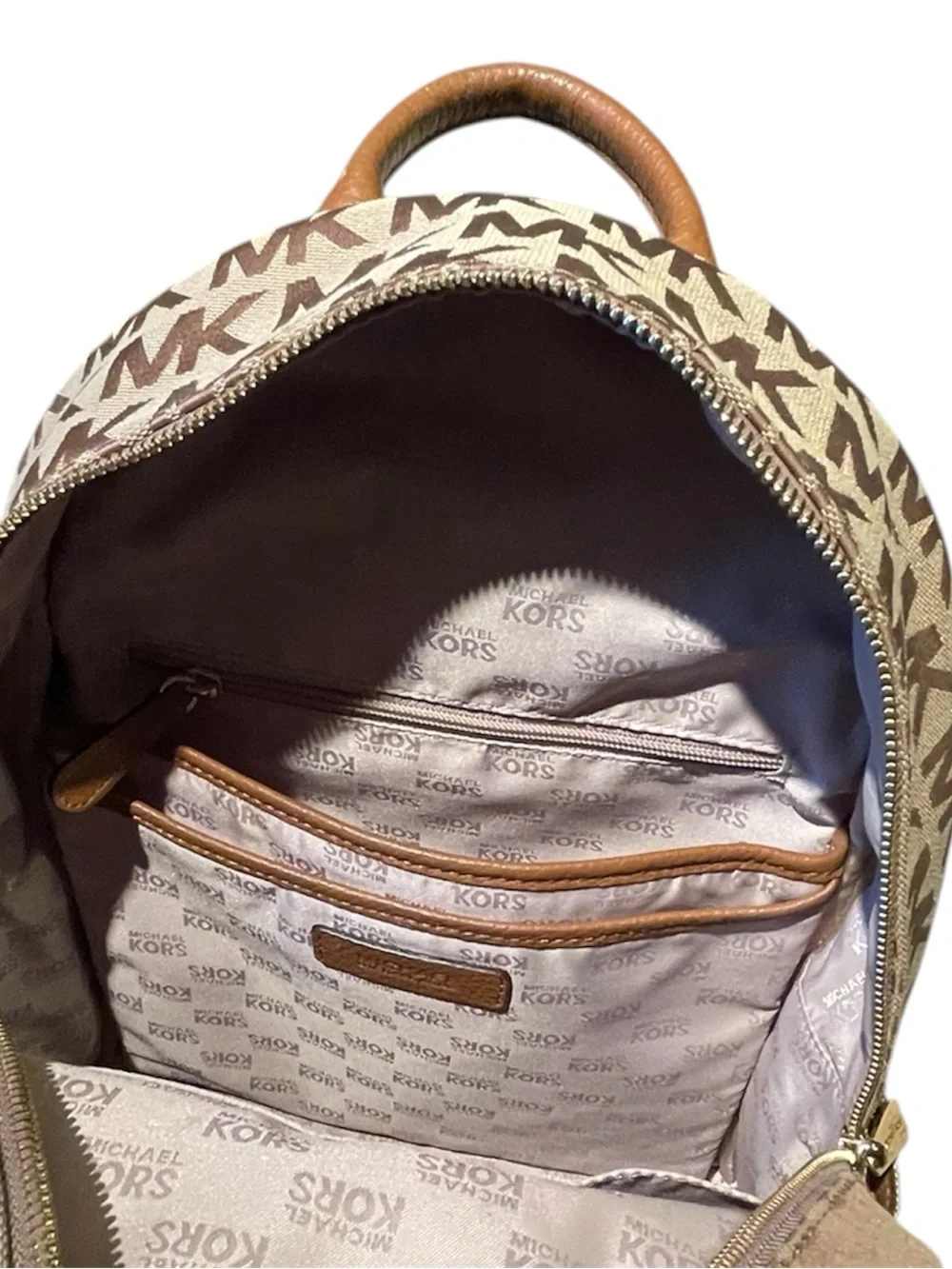 Michael Kors Signature Monogram Logo Canvas Medium Backpack Brown And Tan Gold